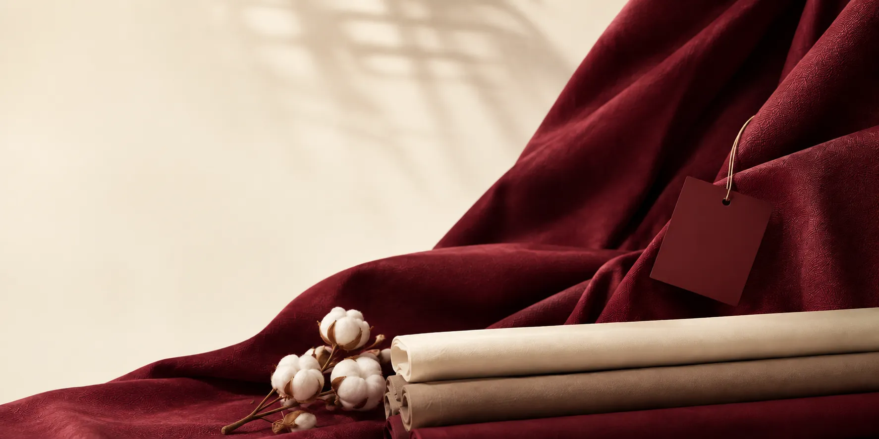 Draped maroon fabric with Waji Fabrics tag and cotton bolls